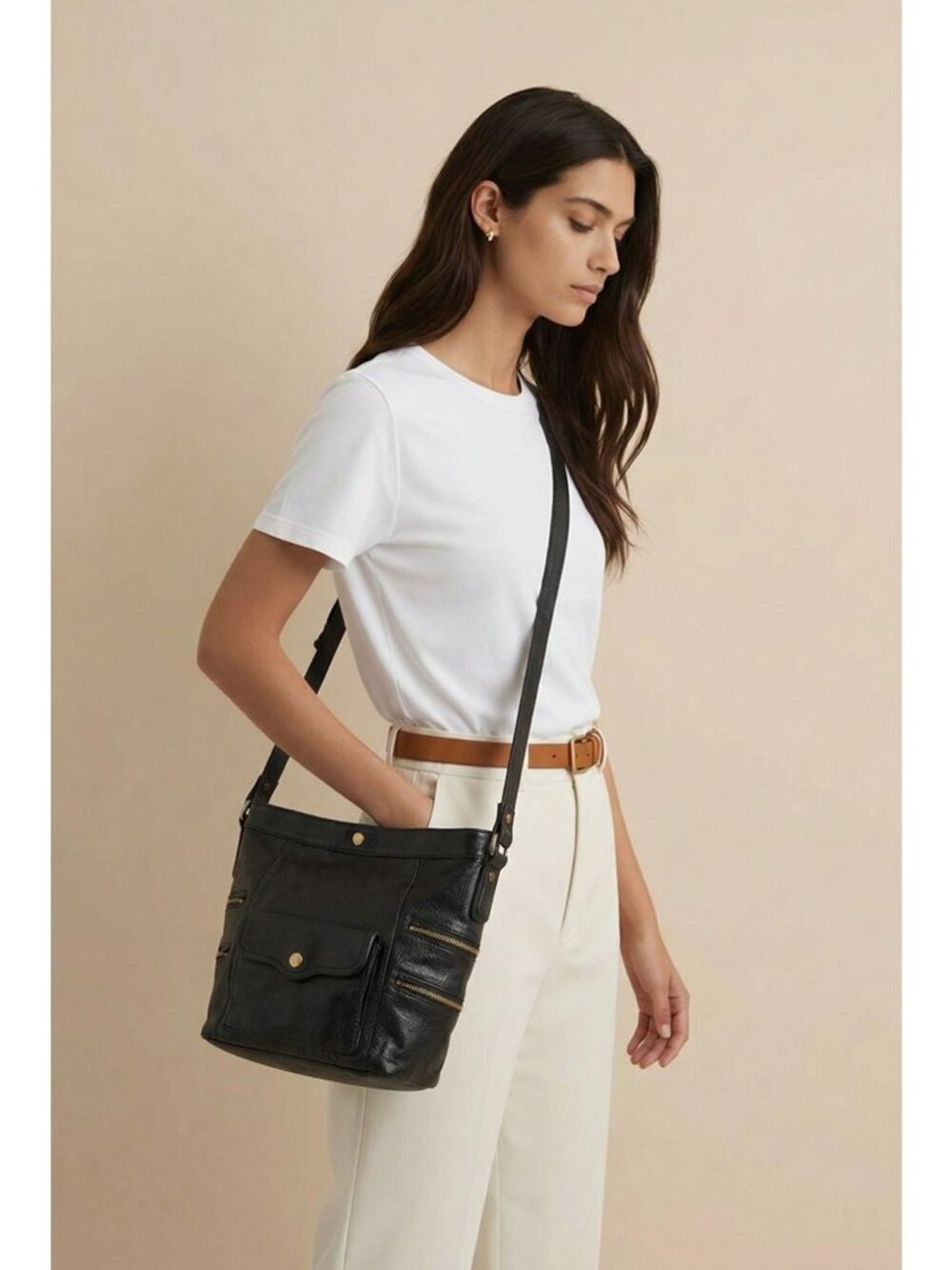 Rebecca Minkoff Black Leather Crossbody Bag Multi Zip Pocket Shoulder Bag